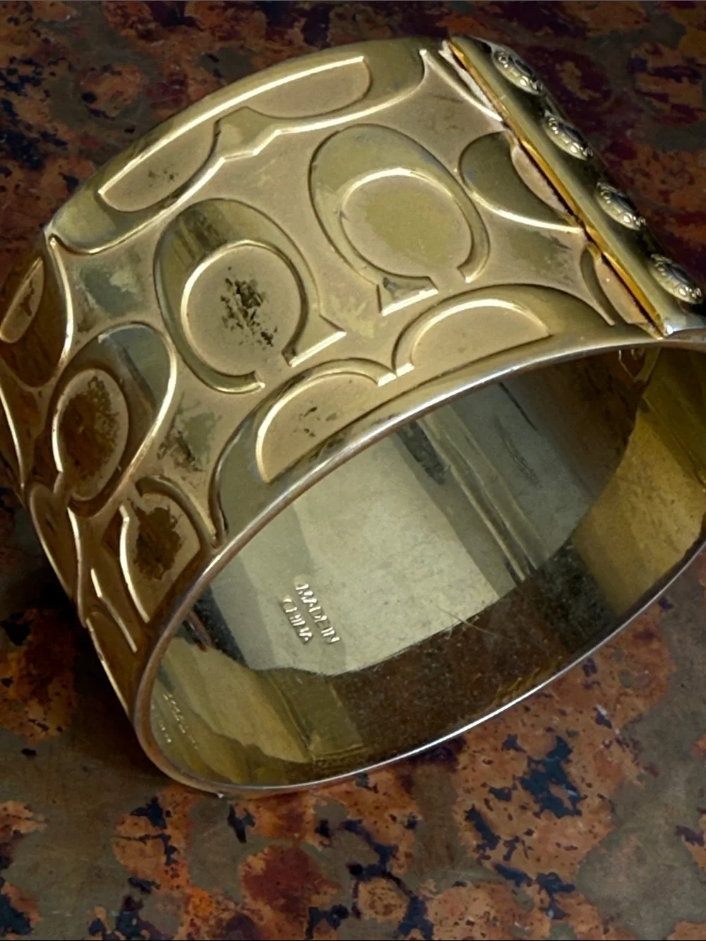 Vintage Coach Gold-Tone Raised Signature 'C' 1 1/2” Wide Cuff - Picture 9 of 11